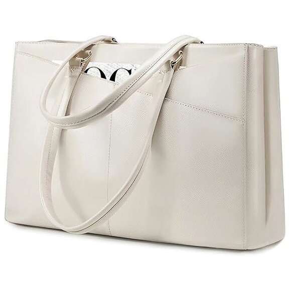Handbags - Laptop Bag for Women 15.6 Inch Tote Bags Waterproof Leather Briefcase Beige
